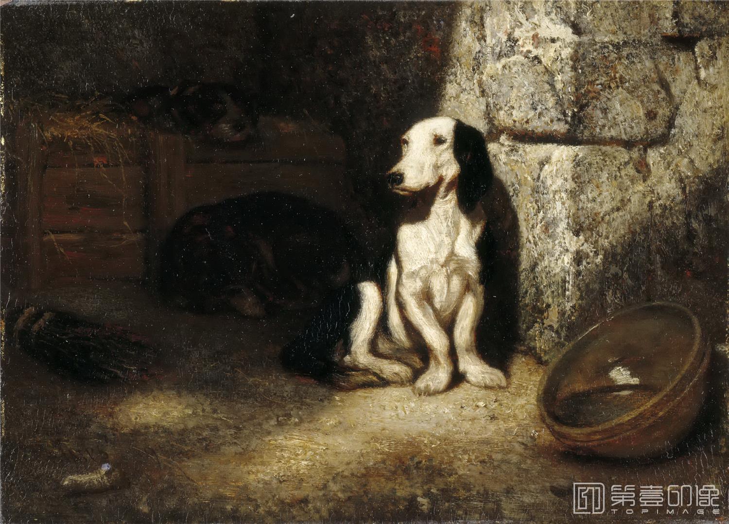 油画-卢浮宫-Alexandre-Gabriel Decamps-Black and white basset hound-0094